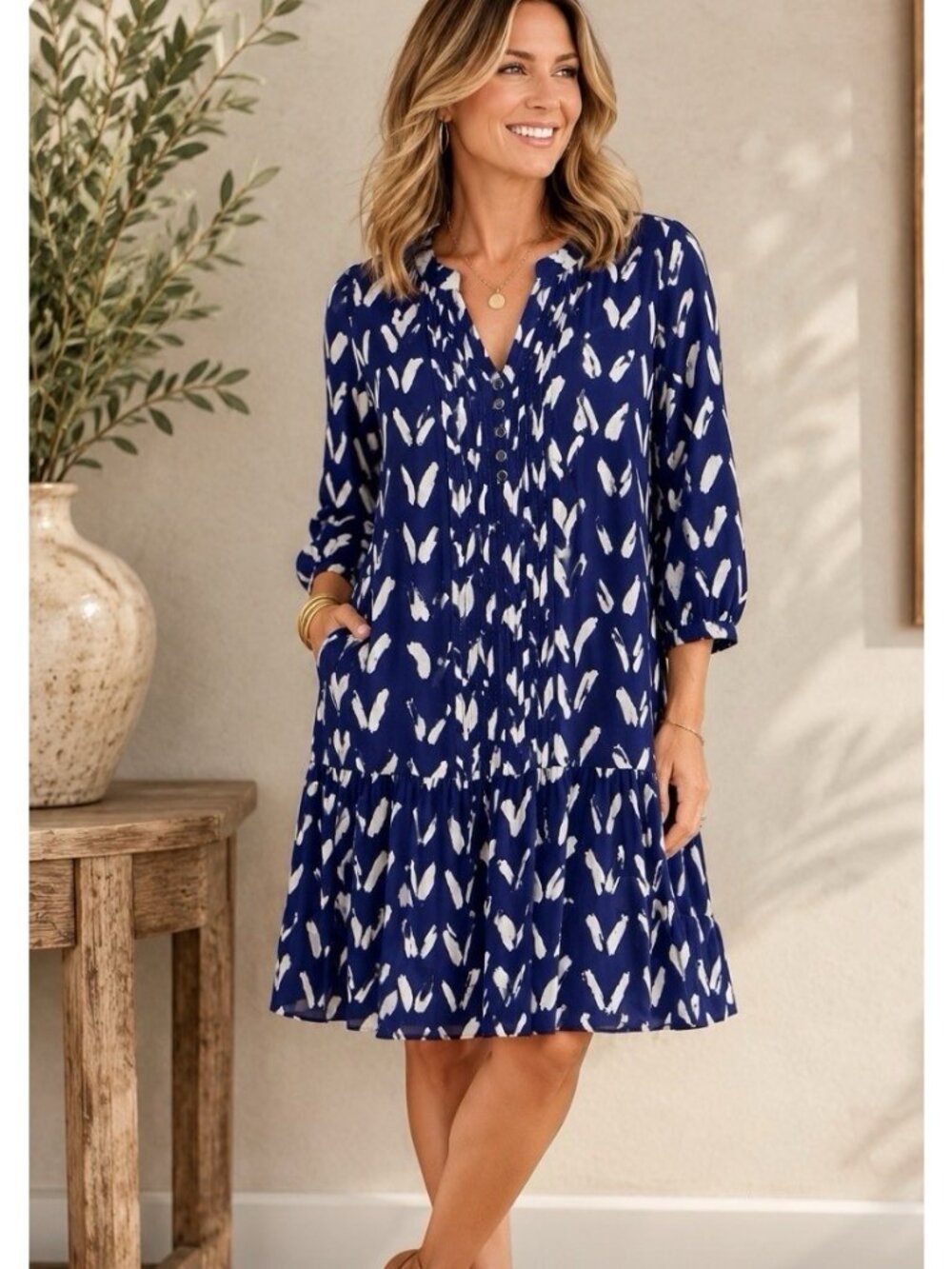 Maeve Anthropologie Dress Womens SmallBlue White  Boho Tunic Tiered Mini